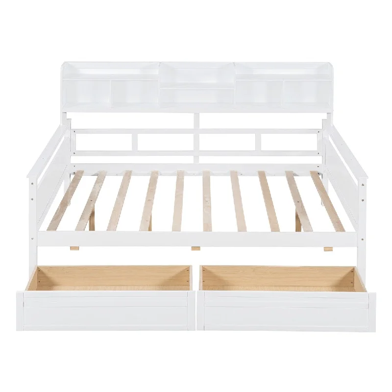 How to choose bed designs-Full Size Daybed Platform Bed w/ 2 Storage Drawers & Headboard, White