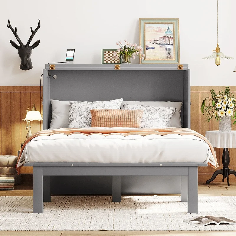 Best pillowcases for hair-Gray Full Murphy Bed with USB Port and removable Shelves on Each Side