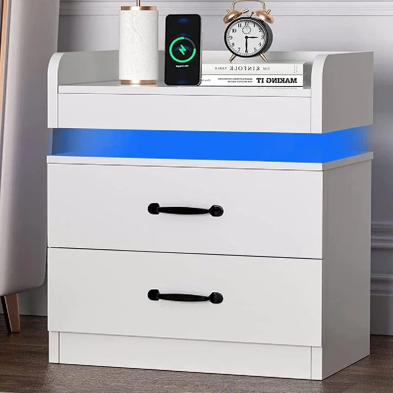 How to clean bed frames-LED Nightstand, White Night Stand with Charging Station and LED Lights, Modern Bedside Table with 2 Drawers