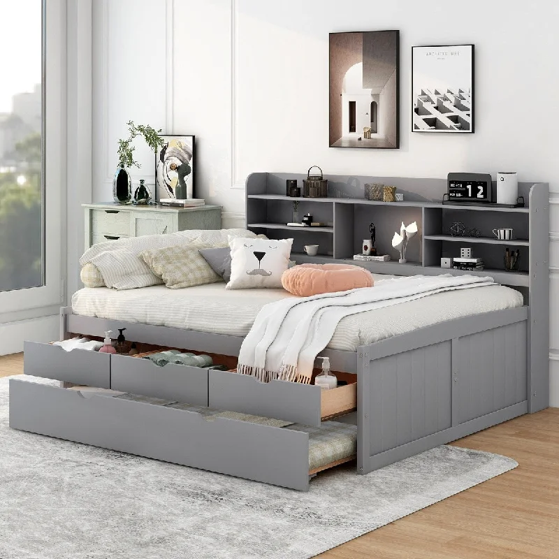 Affordable bed sheets-LIGHT GREY Full Captain Bed w/ Bookshelves 3 Storage Drawers & Trundle