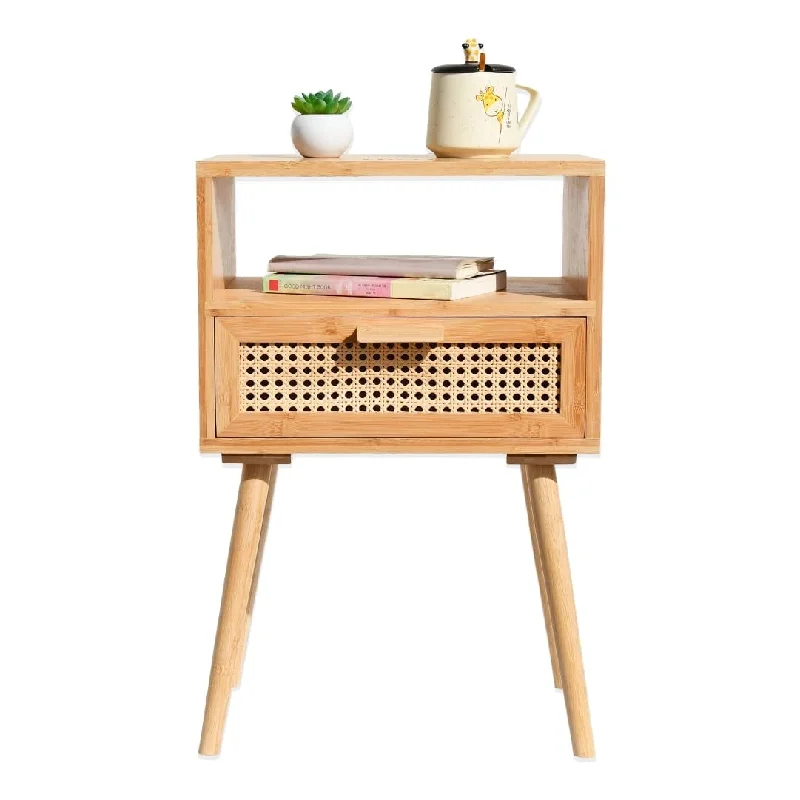 Organic bed frames-Mid Century Modern Nightstand - Pre-Assembled Eco-Friendly Bamboo and Rattan Bedside Table with Customizable Drawer and Shelf