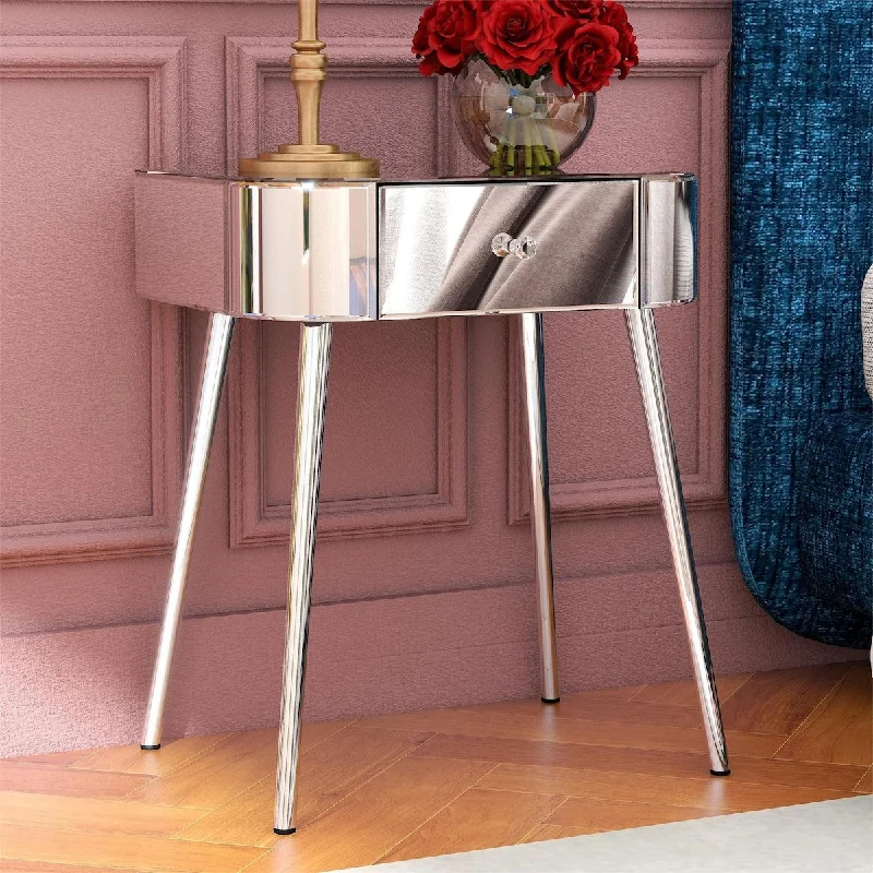 Budget bedroom lighting-Mirrored Nightstand End Table, Small Decorative Modern Glass Side Table with Drawer for Bedroom Living Room, Silver