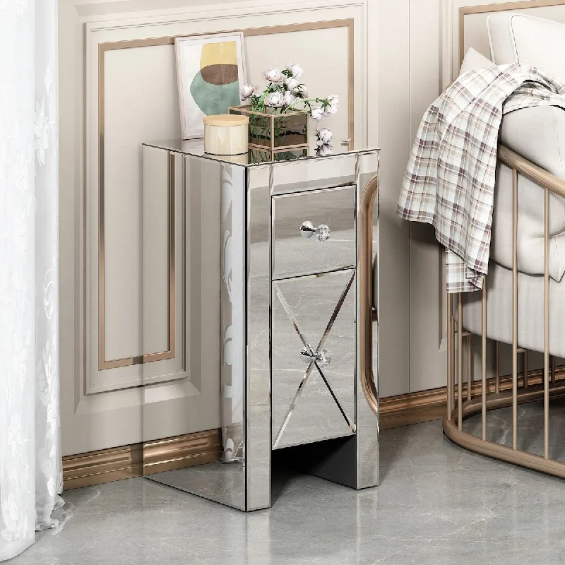 How to pick bedroom lighting-Mirrored Nightstand with 2 Drawer, Beside End Tables Accent Table Modern Style for Bedroom, Living Room Silver All-Glass