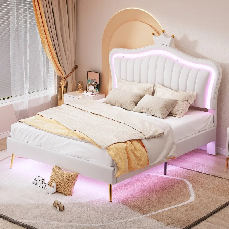 Best mattresses for guest rooms-Modern Upholstered Princess Bed w/ Crown Headboard, Cute Queen Size LED Lights Platform Frame Bed Leather Princess Bed, White