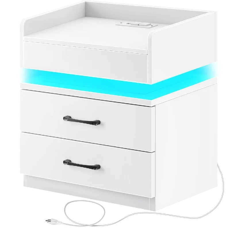 How to declutter bedroom drawers-Nightstand -Tool Free Quick Install, End Table with Charging Station and LED Lights, Modern Bed Side Table with 2 Drawers