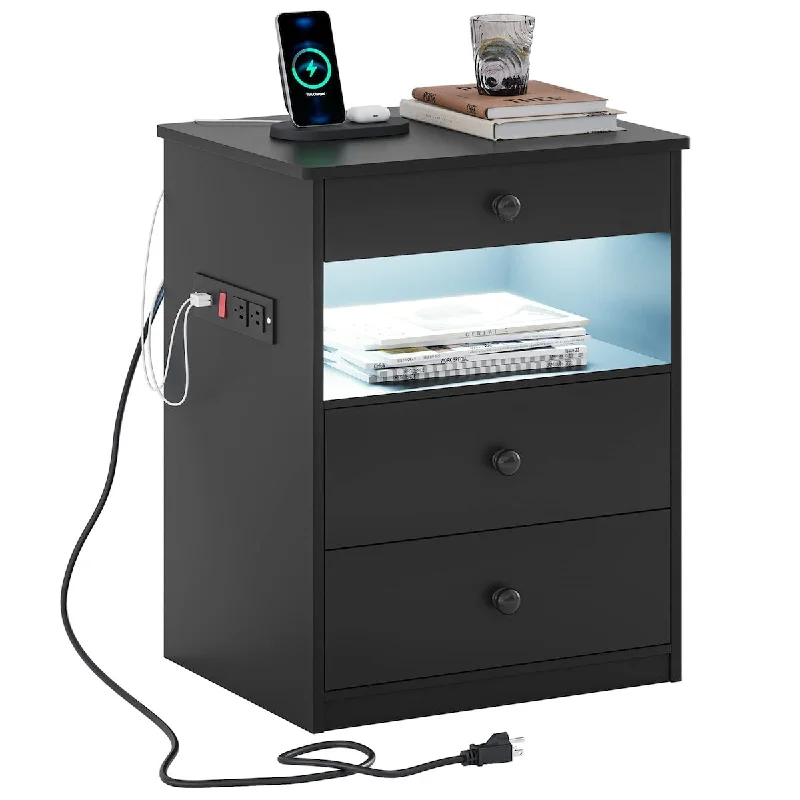 How to measure a mattress-Nightstand with LED Lights and Charging Station, End Side Table with 3 Drawers and Open Storage, Modern Bedside Table