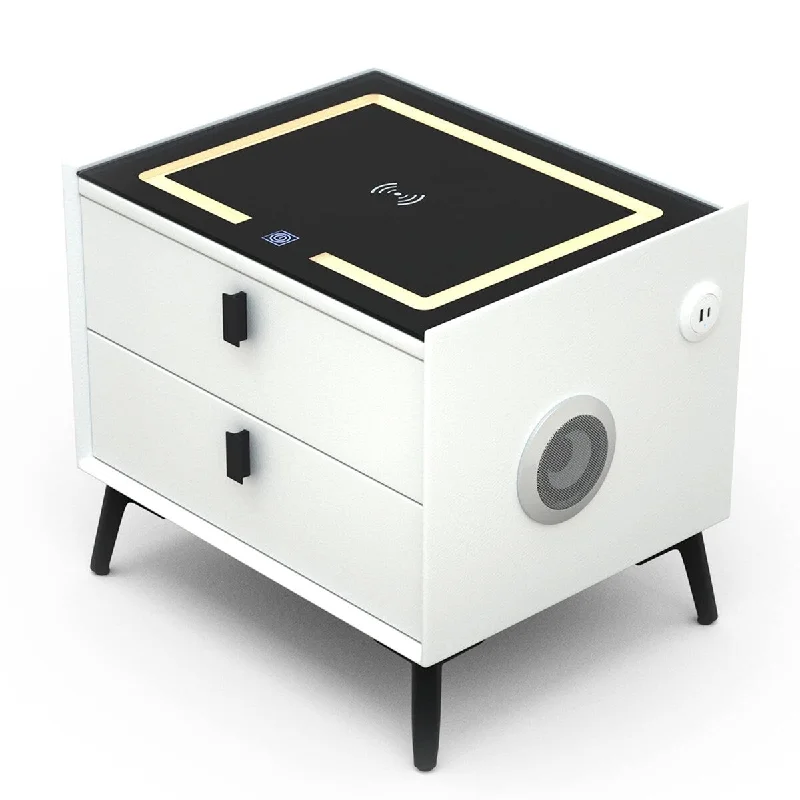 Mid-century bed styling-Nightstands with Wireless Charging Station, USB Port, 3 Color LED Lights and Speaker, Modern Wooden End Side Table for Bedroom