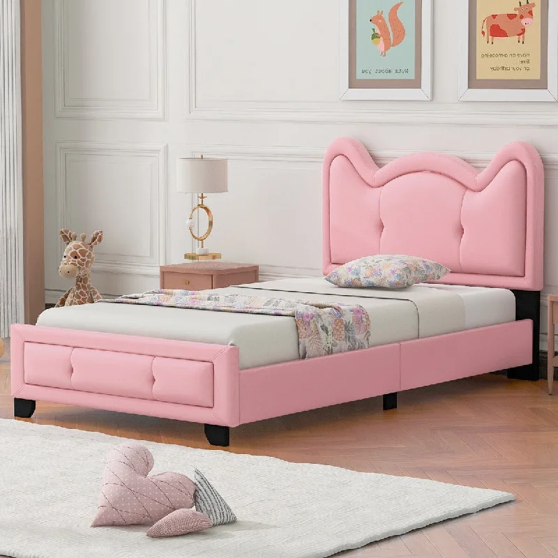 Best firm mattress picks-Pink Upholstered Twin Daybed Frame for Kids, Platform Bed with Carton Ears Shaped Headboard, Faux Leather Sofa Bed