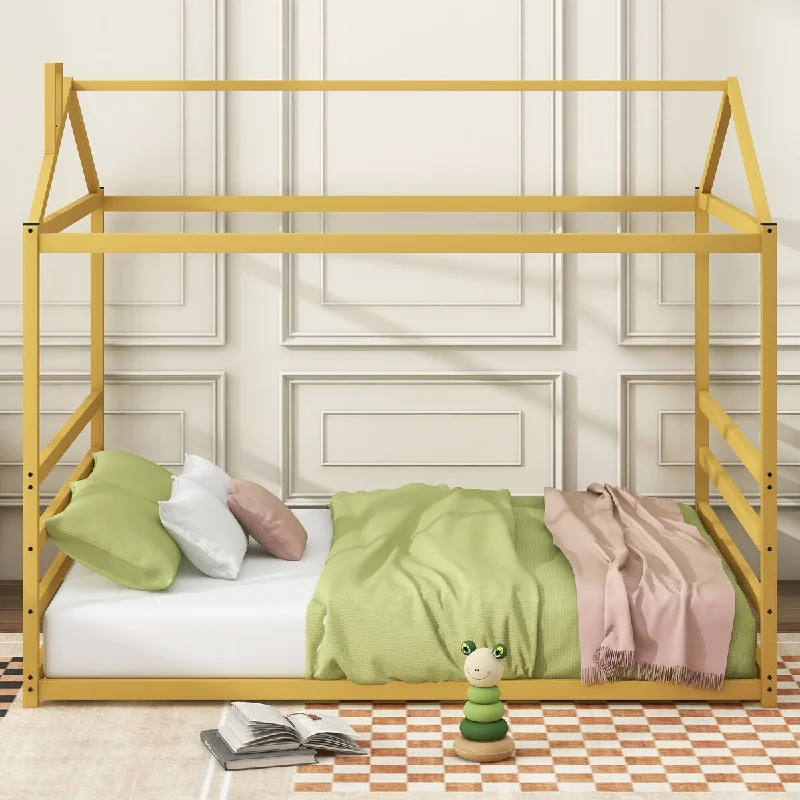 Bedroom storage shelves-Queen Size Floor bed & Metal House Shape Platform Bed Frame, Gold