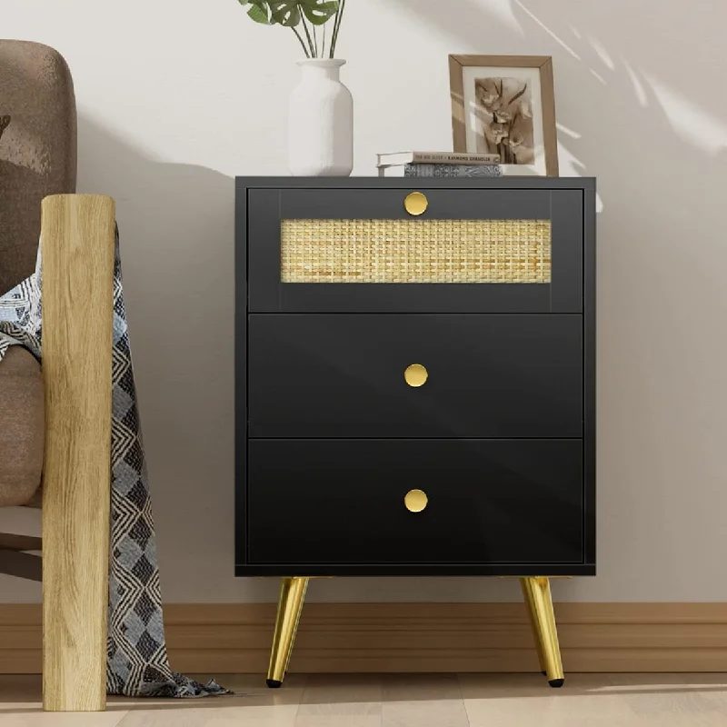 Kids bunk bed designs-Rattan Nightstand, 26" H Black Nightstand Small Dresser with 3 Rattan Drawers Wooden Bedside Table End Table