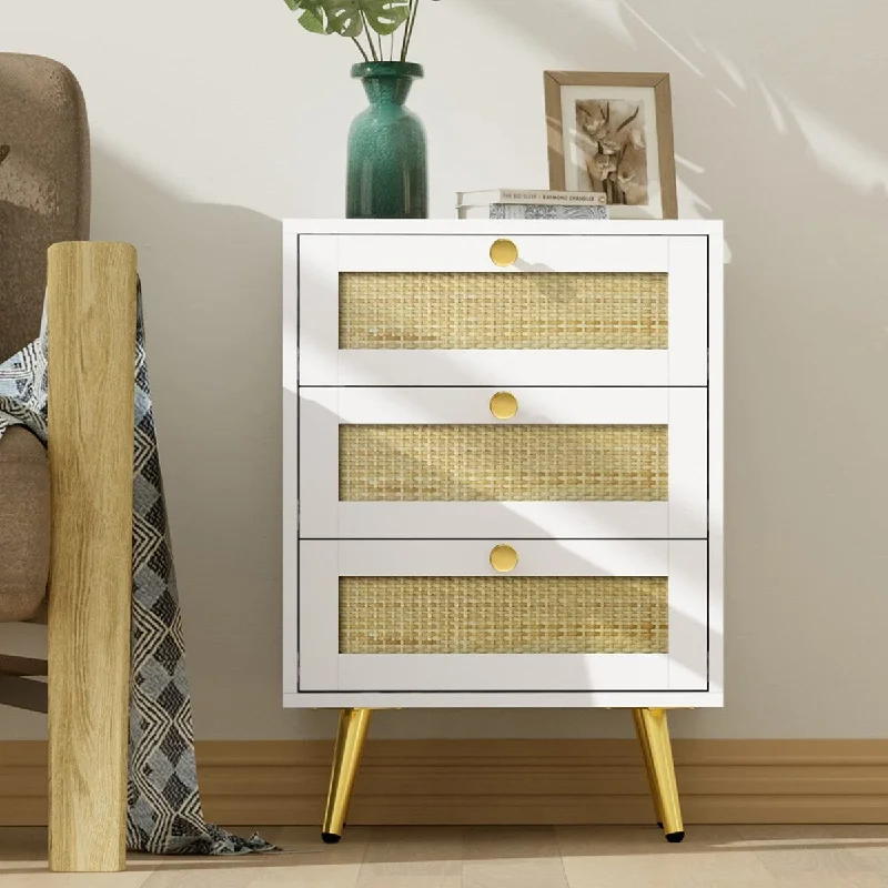 Loft bed safety tips-Rattan Nightstand, 26" H White Nightstand Small Dresser with 3 Rattan Drawers Wooden Bedside Table End Table