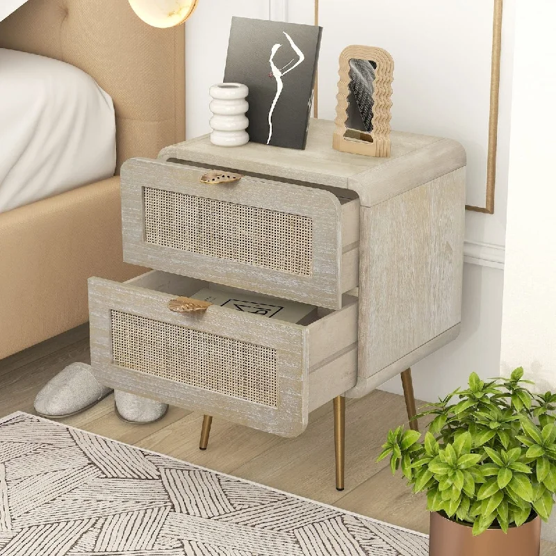 Soft bedding for comfort-Rattan Nightstand, Boho Side Table with Natural Rattan Drawers, Light Wood Bedside Table with Gold Metal Legs, Rustic End Table