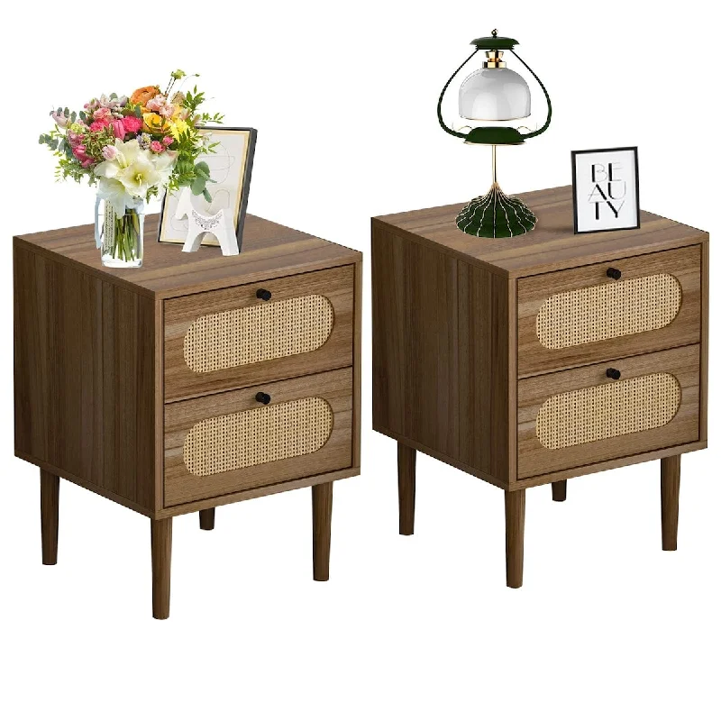 Cotton bedding care tips-Rattan Nightstand Set of 2, End Table, Bedside Table with 2 Handmade Natural Rattan Drawers, Accent Side Table with Storage