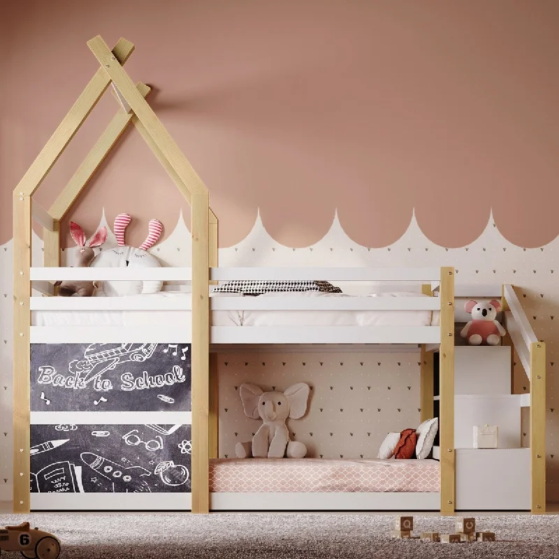 Vintage bed styling ideas-Twin over Twin House Bunk Storage Bed with Staircase and Blackboards