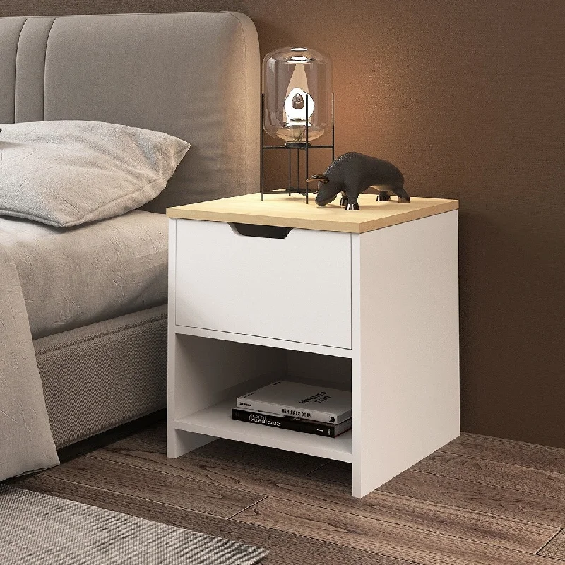 How to arrange bedroom rugs-White/Beige Single Drawer Bedside Table with Storage Cabinet, Rustic Style, Perfect for Bedrooms and Living Rooms