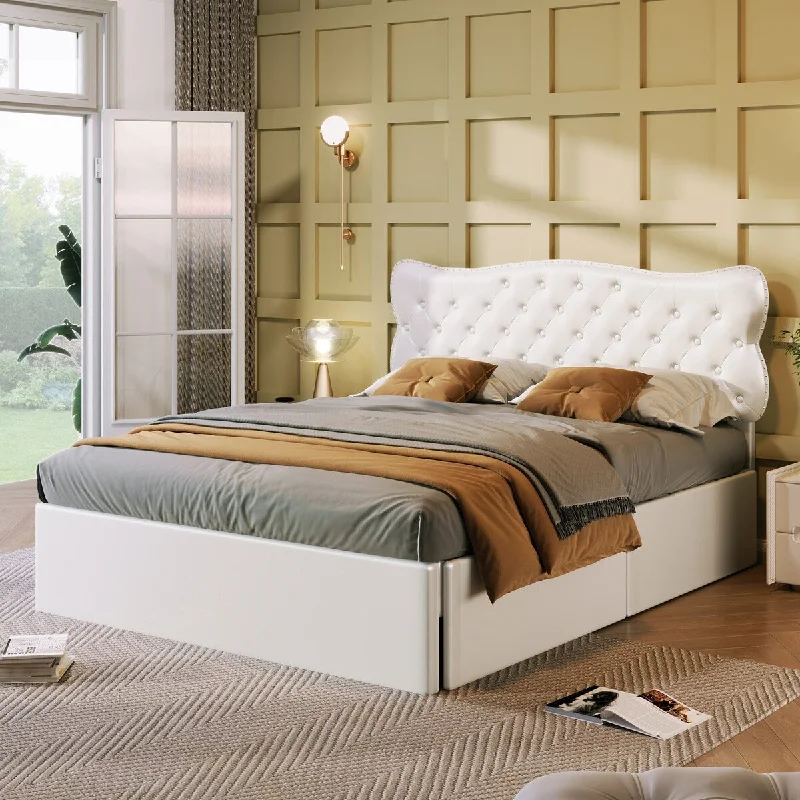 Tropical bedroom decor tips-White Full Size Bed Frame with 4 Storage Drawers, Leather Upholstered Platform Bed with Button Tufted Bed Frame & Slat Support