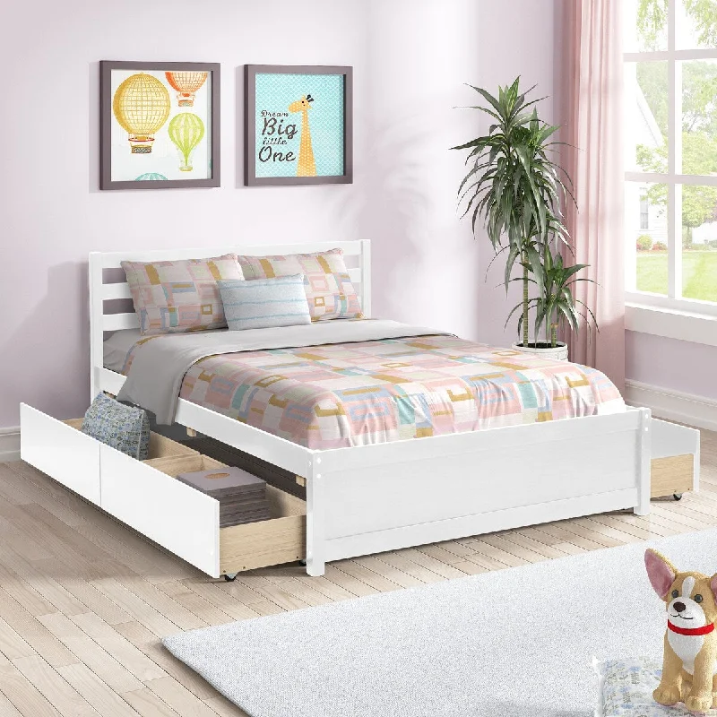 Bedroom lighting inspiration-White Full Size Platform Bed Frame with 4 Storage Drawers, Wood Headboard,Kids Wooden Slat Support, No Box Spring Needed