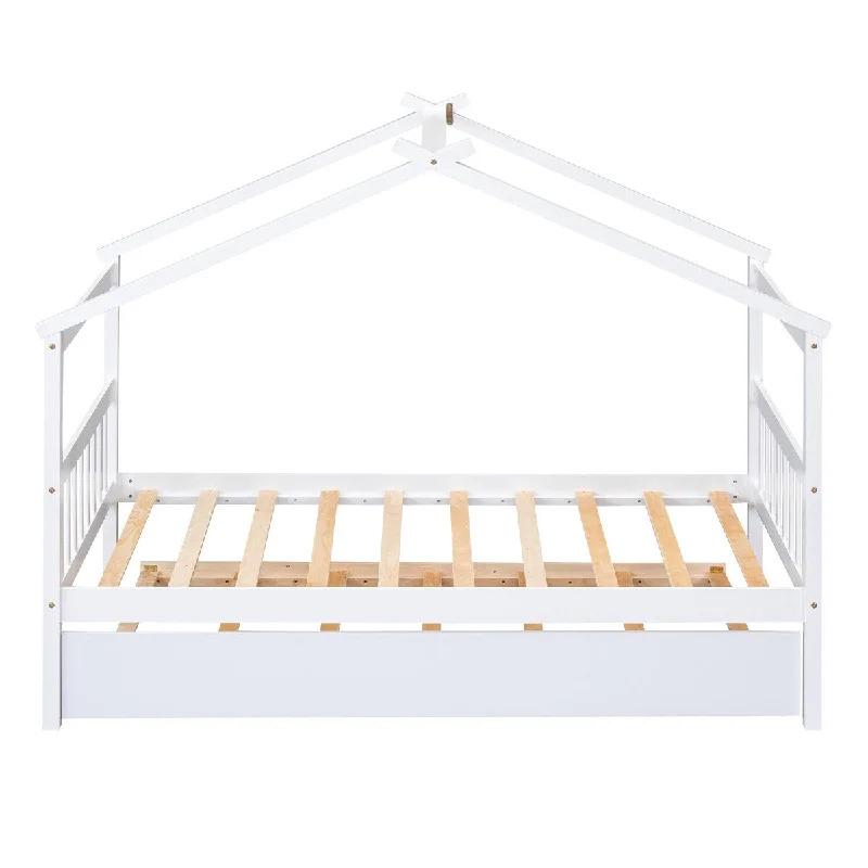 DIY upholstered bed frame-White Twin Size Wooden House Bed with Twin Trundle with Roof for Kids