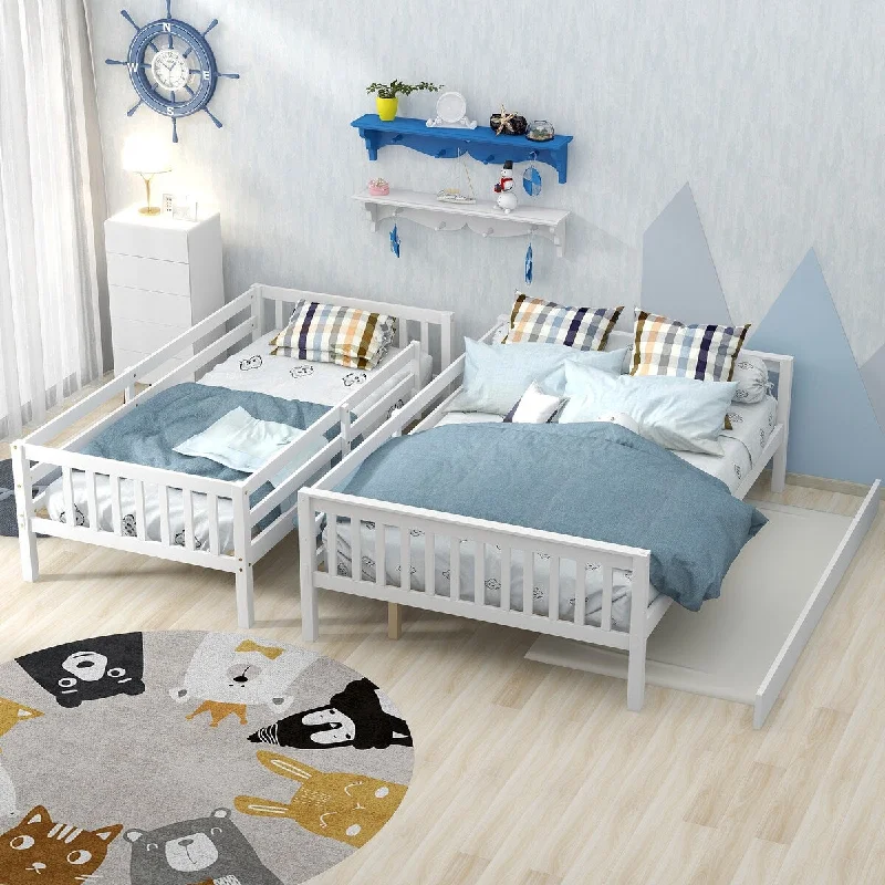 Retro bedroom furniture-White Wood Twin Over Full Bunk Bed with Trundle, Ladder and Safety