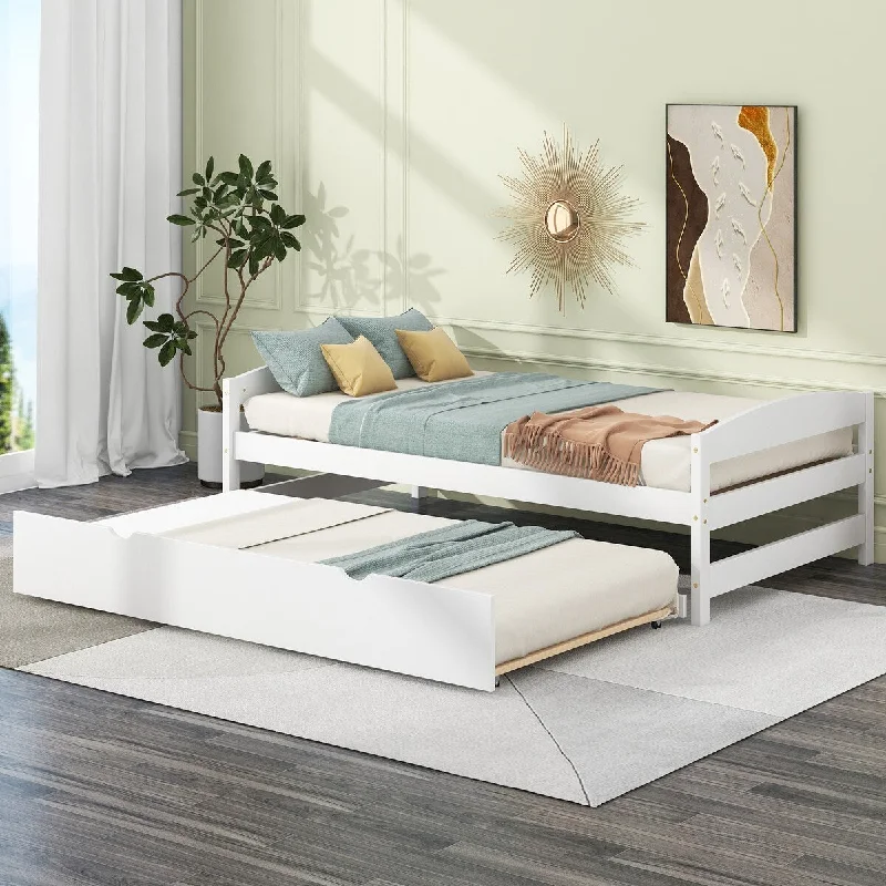 Eco-friendly bedding brands-Wood Twin Size Platform Captain Beds with Twin Size Trundle, White