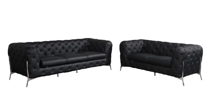 Sofa with satin touch-2 Piece Five Person Seating Set Indoor Italian Leather - Black