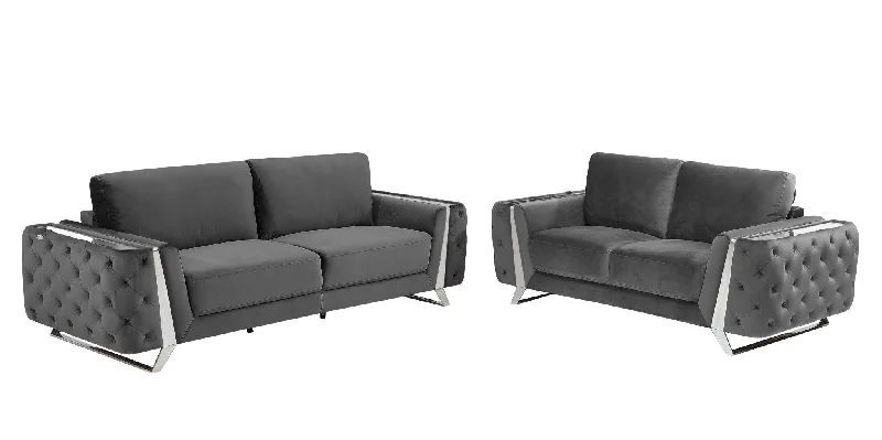 Sofa with patio seating-2 Piece Indoor Italian Leather Seating Set Five Person - Dark Gray