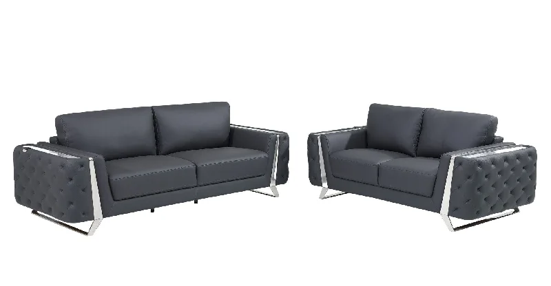 Sofa with weather-resistant fabric-2 Piece Italian Leather Indoor Seating Set Five Person - Dark Gray