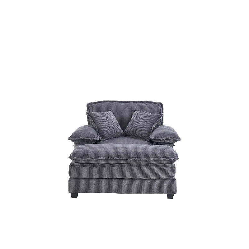 Sofa for family gatherings-2pc Grey Corduroy Chaise Lounge Sofa Set with Armchair and Ottoman