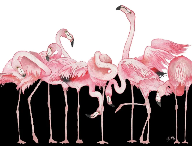 Wall Decor with satin finish-Black And White Meets Flamingos By Elizabeth Medley (Framed) - Pink