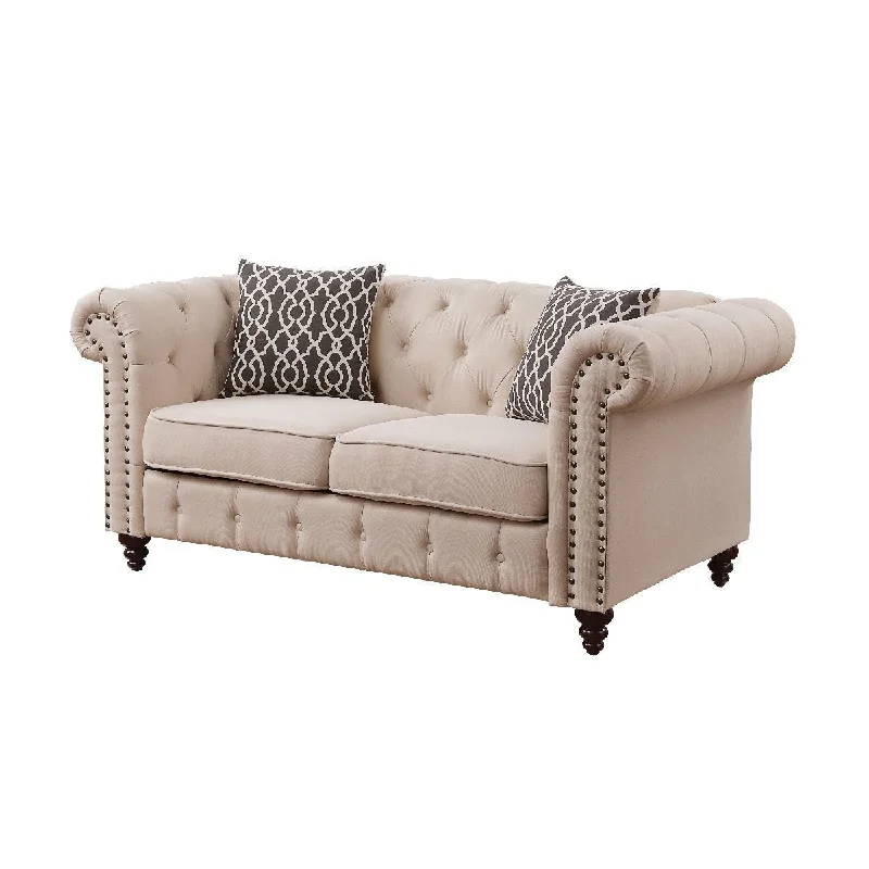 Sofa with elegant touch-Brown Linen Loveseat - Beige / Dark