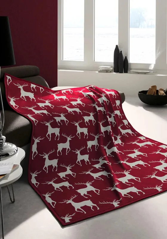 Knitted fleece throw blanket -Biederlack Christmas Stags Throw, Wine