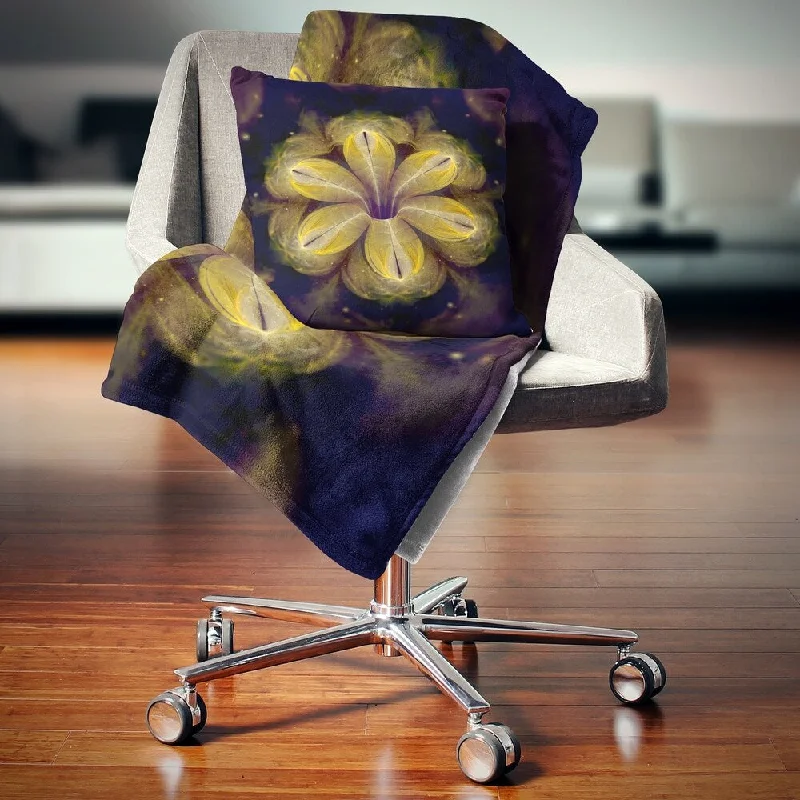 Plush cotton throw blanket -Designart 'Black Yellow Fractal Flower Pattern' Contemporary Throw Blanket