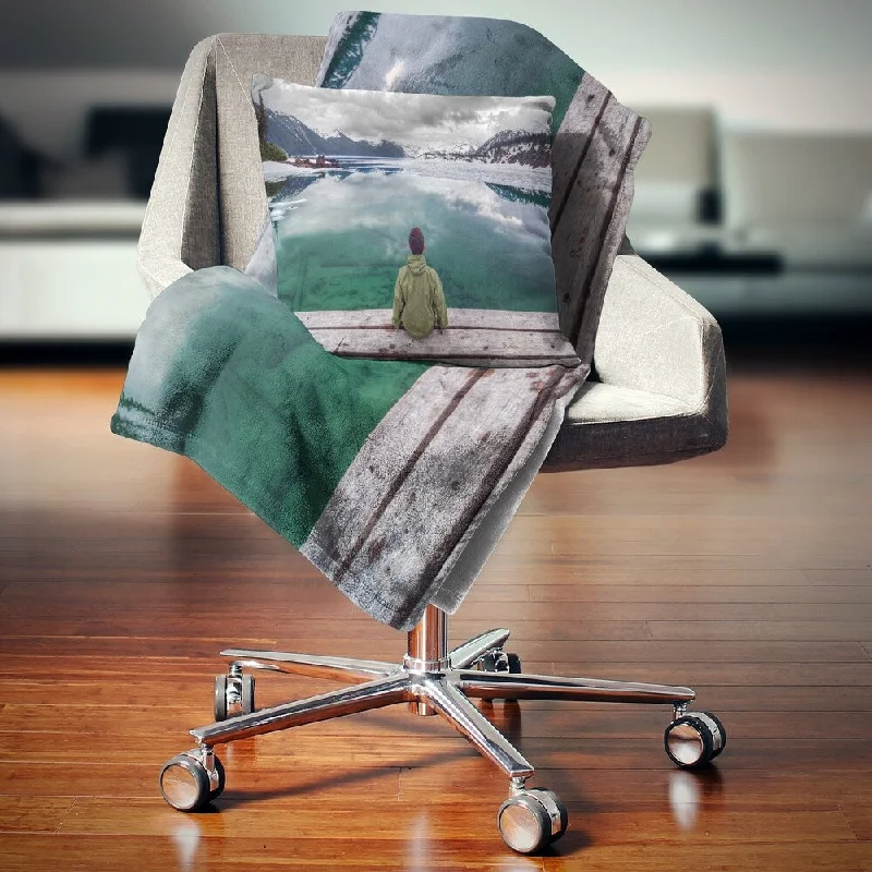 Cozy lounge throw blanket -Designart 'Boy Looking at Clear Mountain Lake' Landscape Fleece Throw Blanket