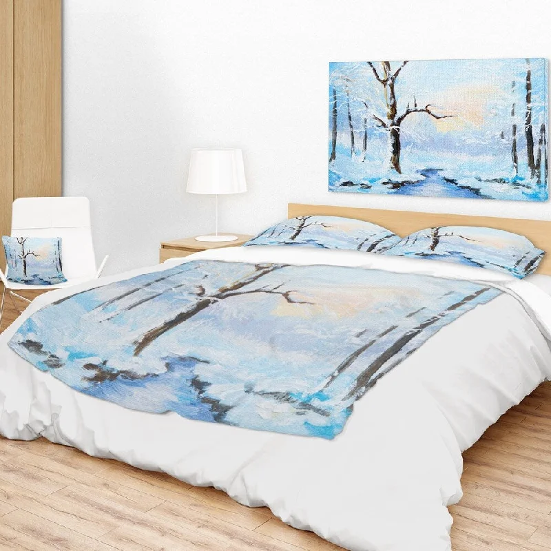 Fuzzy shag throw blanket -Designart 'White Frozen River in Forest' Landscape Painting Throw Blanket