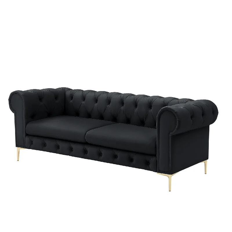 Sofa with oak frame-Faux Leather Chesterfield Sofa With Gold Legs - Black