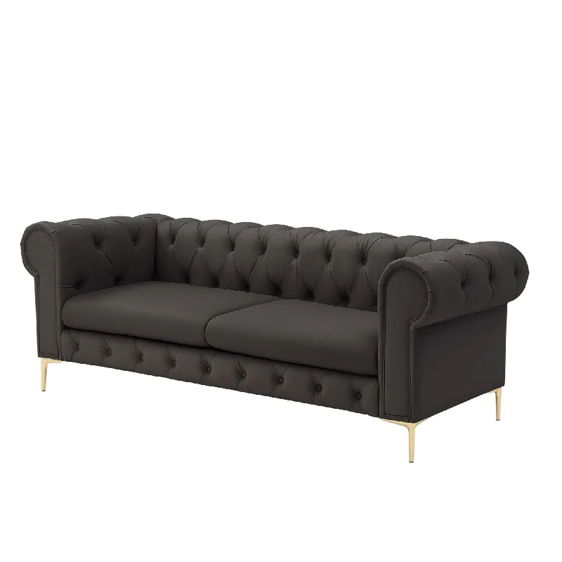 Sofa with light wood finish-Faux Leather Chesterfield Sofa With Gold Legs - Brown