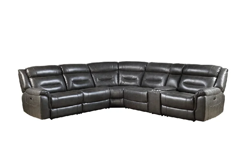 Sofa with portable design-Faux Leather L Shaped Power Reclining Six Piece Corner Sectional With Console - Gray