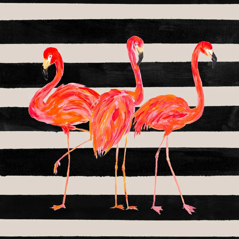 Wall Decor with copper tones-Fondly Flamingo Trio Square On Stripe By Julie Derice (Framed) - Red