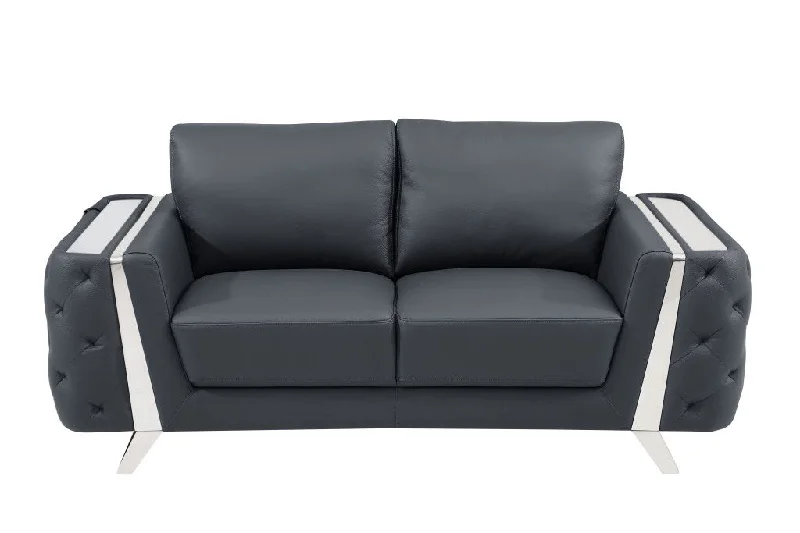 Sofa with indoor use-Genuine Leather Loveseat - Dark Gray / Silver