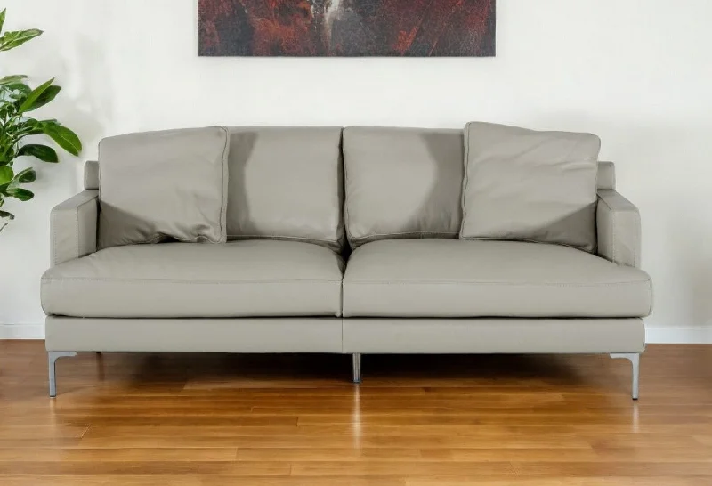 Sofa with spare parts-Genuine Leather Sofa With Silver Legs - Light Gray