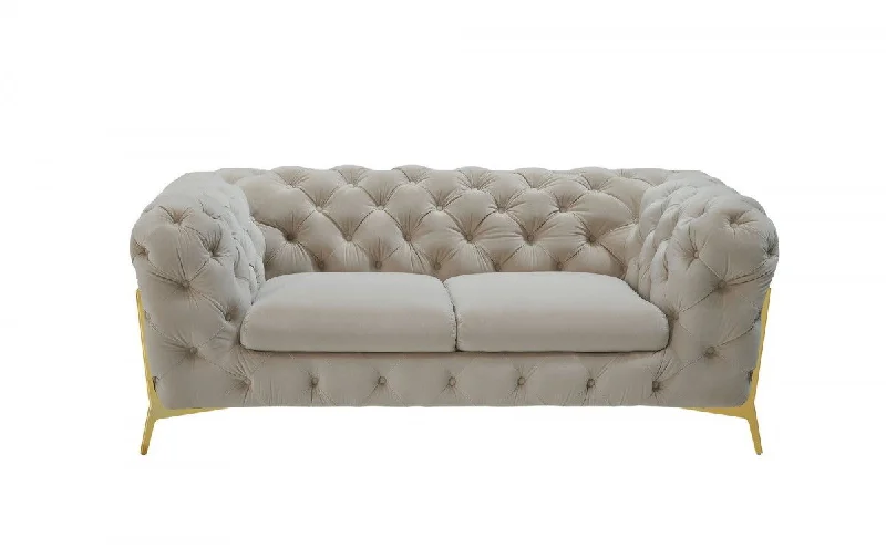 Sofa with lumbar pillows-Glam Velvet And Gold Loveseat - Beige