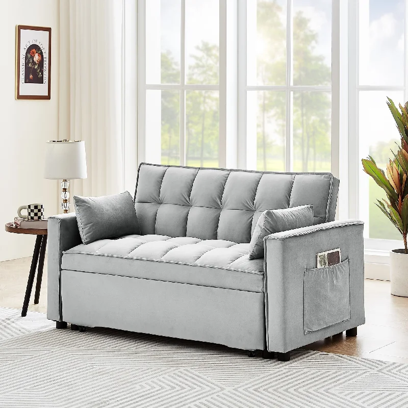 Sofa with mildew-resistant cover-Gray Velvet Convertible Sleeper Sofa with Cup Holder