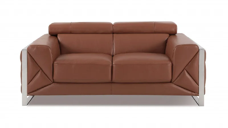 Sofa with small footprint-Italian Leather Loveseat - Camel / Silver