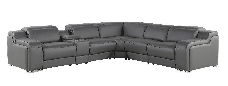 Sofa with stable base-Italian Leather Power Reclining L Shaped Six Piece Corner Sectional With Console - Dark Gray