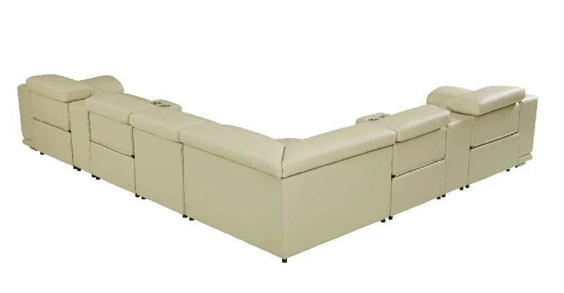 Italian Leather Power Reclining U Shaped, Eight Piece Corner Sectional With Console - Beige