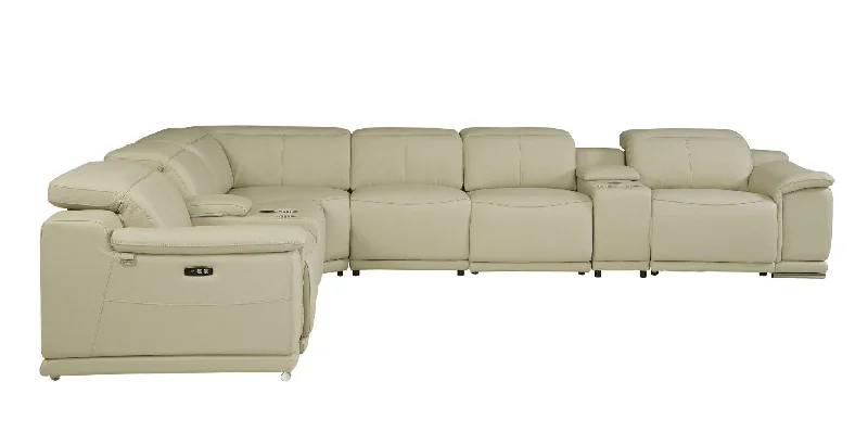 Sofa with smooth cover-Italian Leather Power Reclining U Shaped Eight Piece Corner Sectional With Console - Beige