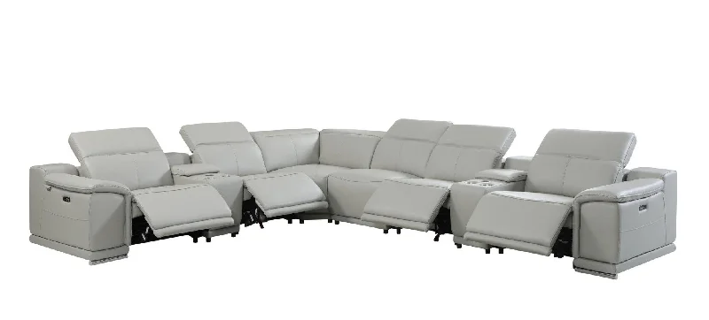 Sofa with removable pillows-Italian Leather Power Reclining, U Shaped Eight Piece Corner Sectional With Console - Light Gray