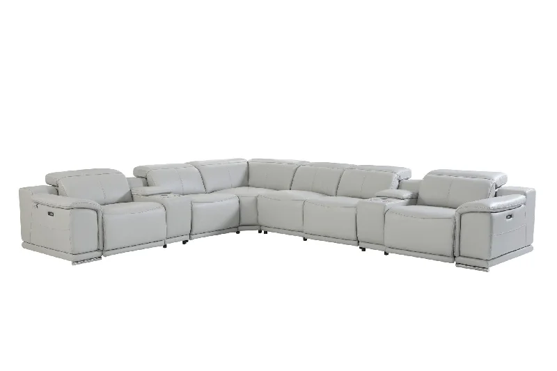 Sofa with quilted cover-Italian Leather Power Reclining U Shaped Eight Piece Corner Sectional With Console - Light Gray