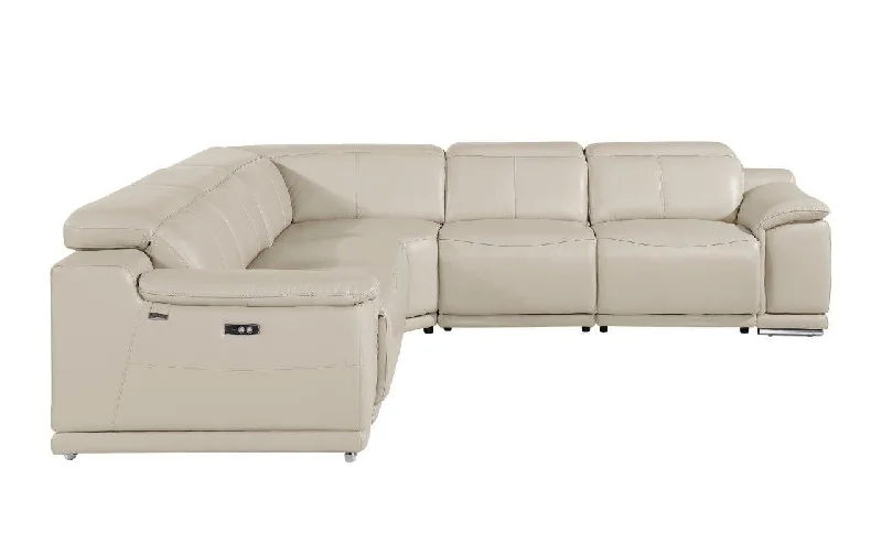 Sofa with ergonomic support-Italian Leather Power Reclining U Shaped Five Piece Corner Sectional With Console - Beige