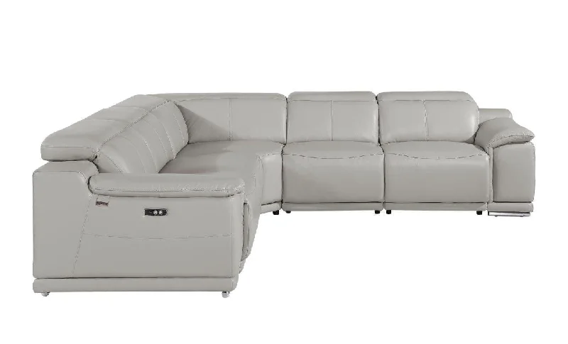 Sofa with easy-clean surface-Italian Leather Power Reclining U Shaped Five Piece Corner Sectional With Console - Light Gray